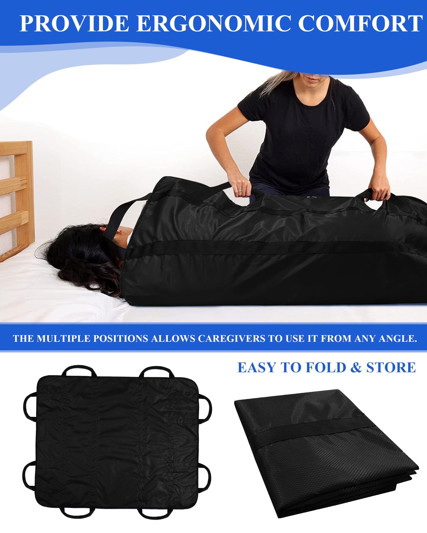 SPRING SEAON Patient Positioning Bed Pad with Handles – Transfer & Slide Sheet for Elderly Care, Waterproof Washable Draw Sheet for Hospital or Home Use, 46.5" x 38.5", 400 LBS Support,Black