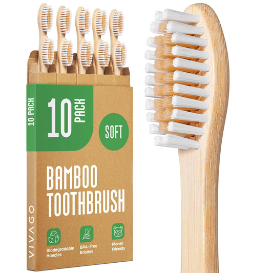 Biodegradable Bamboo Toothbrushes 10 Pack - BPA Free Soft Bristles Toothbrushes, Eco-Friendly, Compostable Natural Wooden Toothbrush