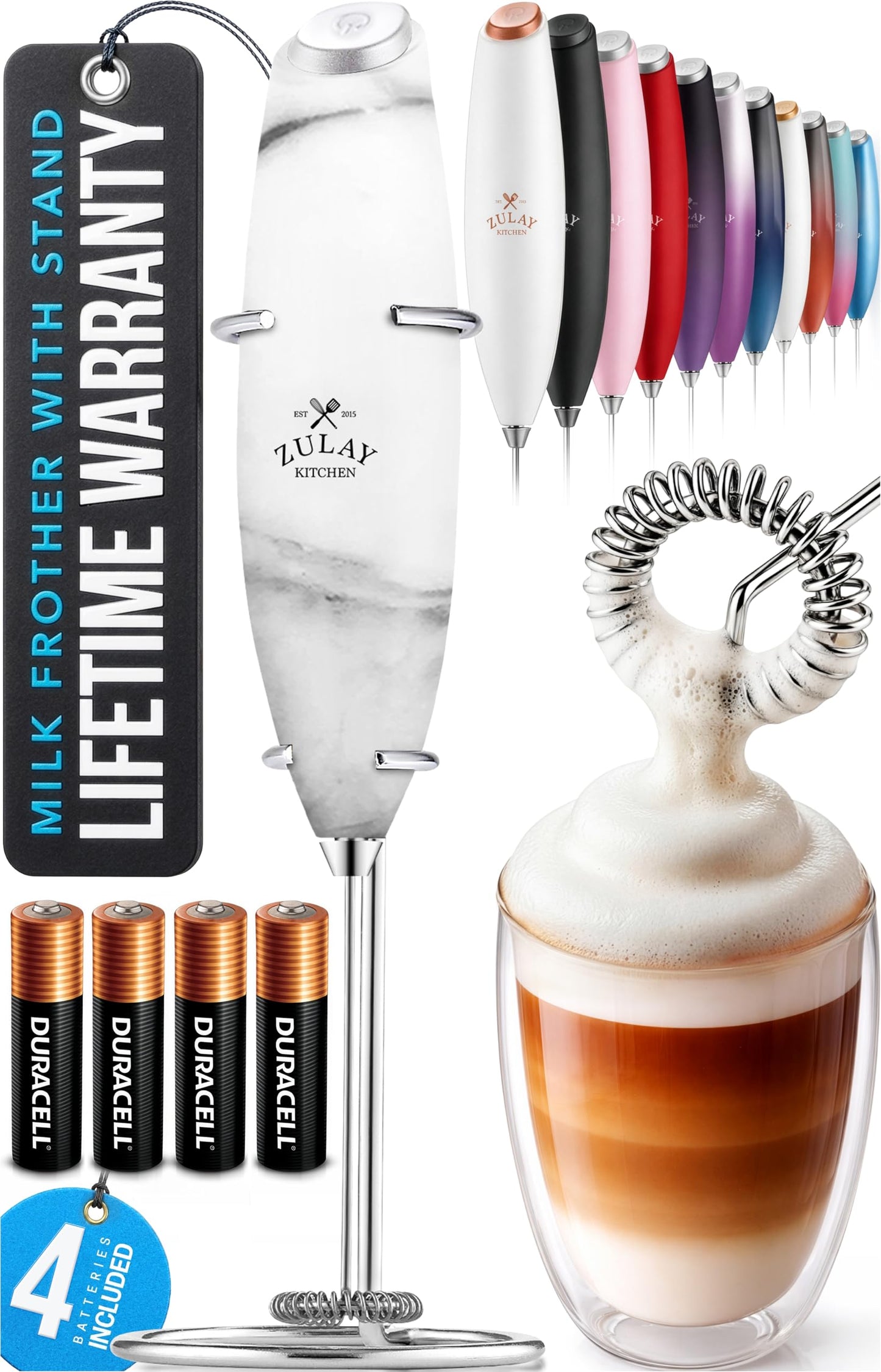 Zulay Kitchen Powerful Milk Frother Wand With 2 Duracell Batteries - Ultra Fast Handheld Drink Mixer - Electric Whisk Foam Maker for Coffee, Lattes, Cappuccino, Matcha, Hot Chocolate & Creamer - Black