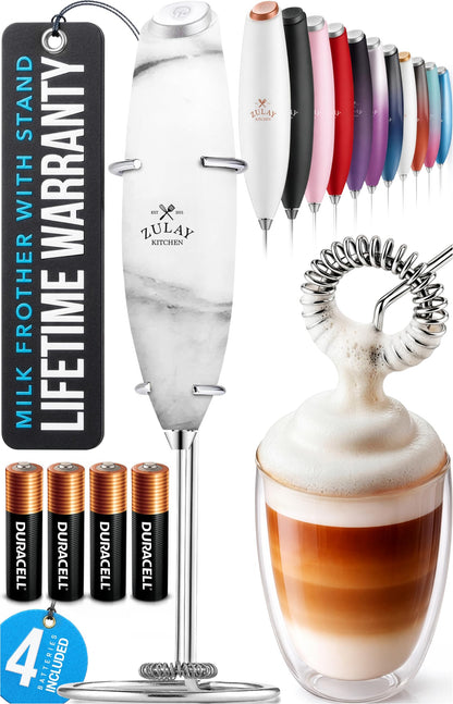 Zulay Kitchen Powerful Milk Frother Wand With 2 Duracell Batteries - Ultra Fast Handheld Drink Mixer - Electric Whisk Foam Maker for Coffee, Lattes, Cappuccino, Matcha, Hot Chocolate & Creamer - Black