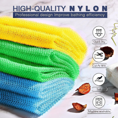 UJFQBH 3 Pieces African Bath Sponge African Net Long Net Bath Sponge Exfoliating Shower Body Scrubber Back Scrubber Skin Smoother,Great for Daily Use (Pink,Yellow,Purple)