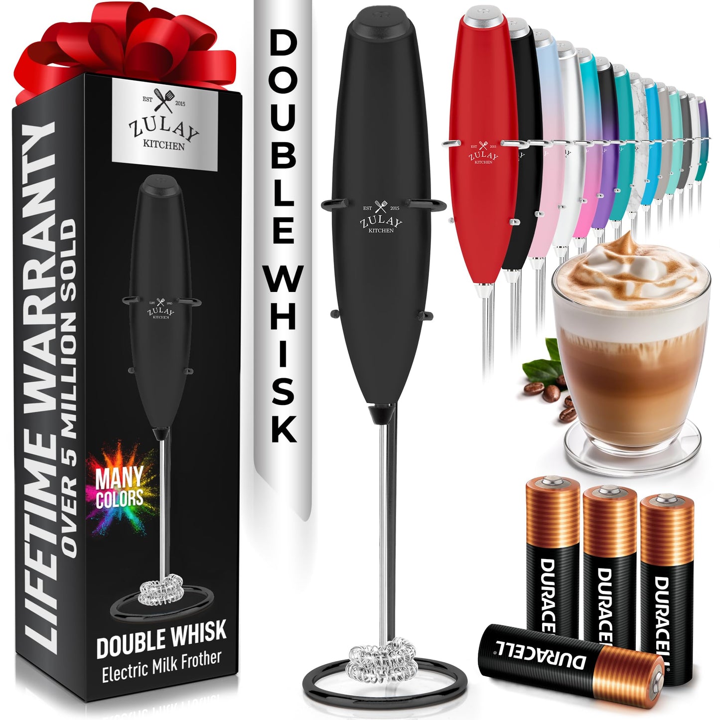 Zulay Kitchen Powerful Milk Frother Wand With 2 Duracell Batteries - Ultra Fast Handheld Drink Mixer - Electric Whisk Foam Maker for Coffee, Lattes, Cappuccino, Matcha, Hot Chocolate & Creamer - Black