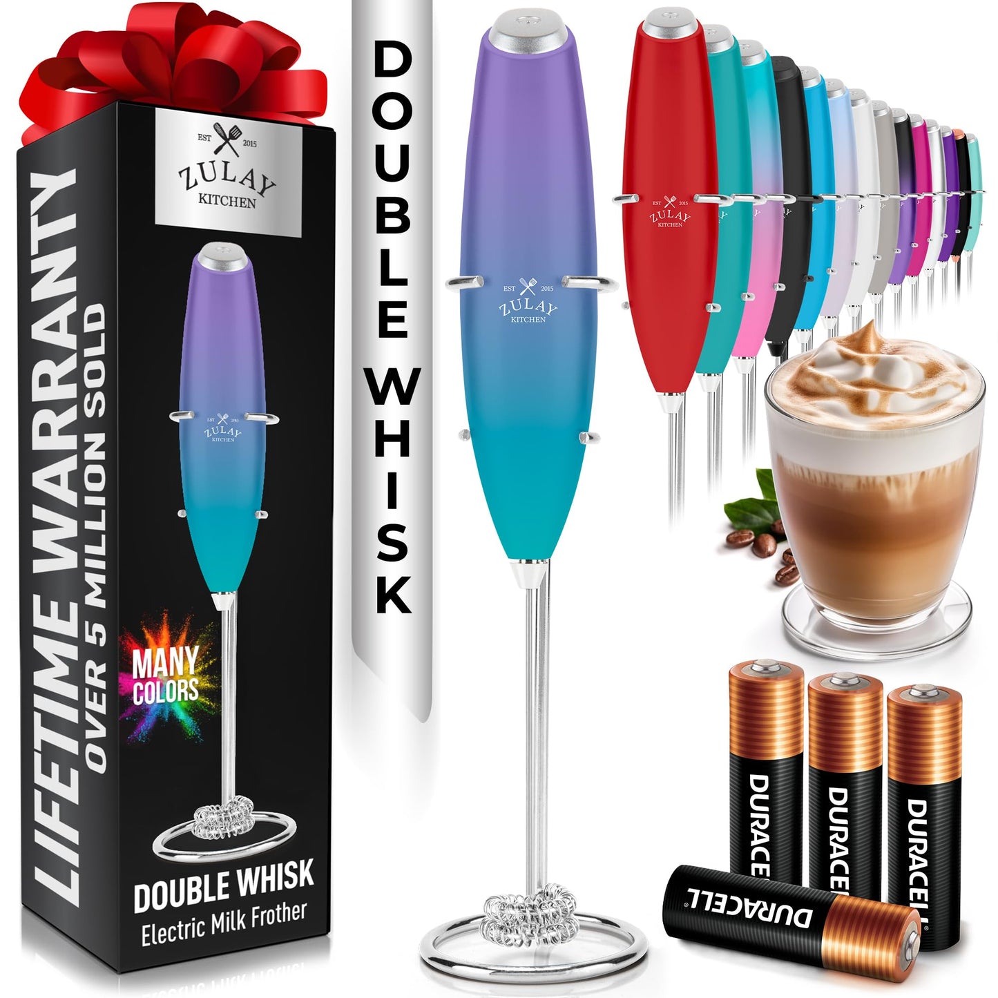 Zulay Kitchen Powerful Milk Frother Wand With 2 Duracell Batteries - Ultra Fast Handheld Drink Mixer - Electric Whisk Foam Maker for Coffee, Lattes, Cappuccino, Matcha, Hot Chocolate & Creamer - Black