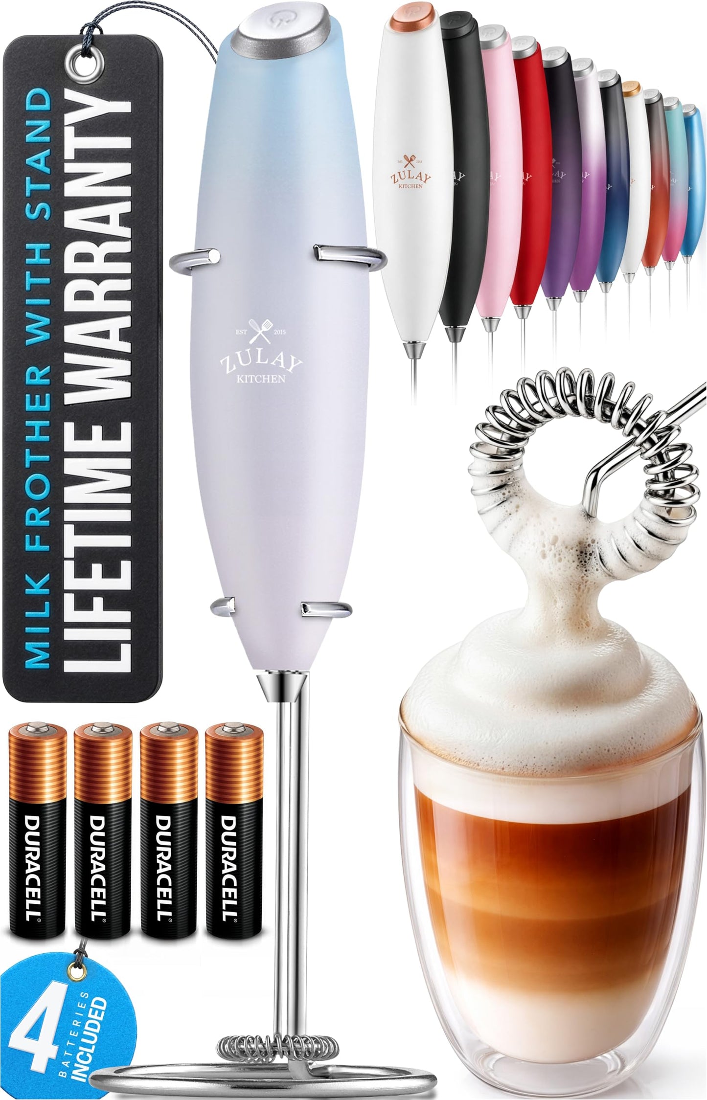 Zulay Kitchen Powerful Milk Frother Wand With 2 Duracell Batteries - Ultra Fast Handheld Drink Mixer - Electric Whisk Foam Maker for Coffee, Lattes, Cappuccino, Matcha, Hot Chocolate & Creamer - Black