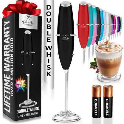 Zulay Kitchen Powerful Milk Frother Wand With 2 Duracell Batteries - Ultra Fast Handheld Drink Mixer - Electric Whisk Foam Maker for Coffee, Lattes, Cappuccino, Matcha, Hot Chocolate & Creamer - Black