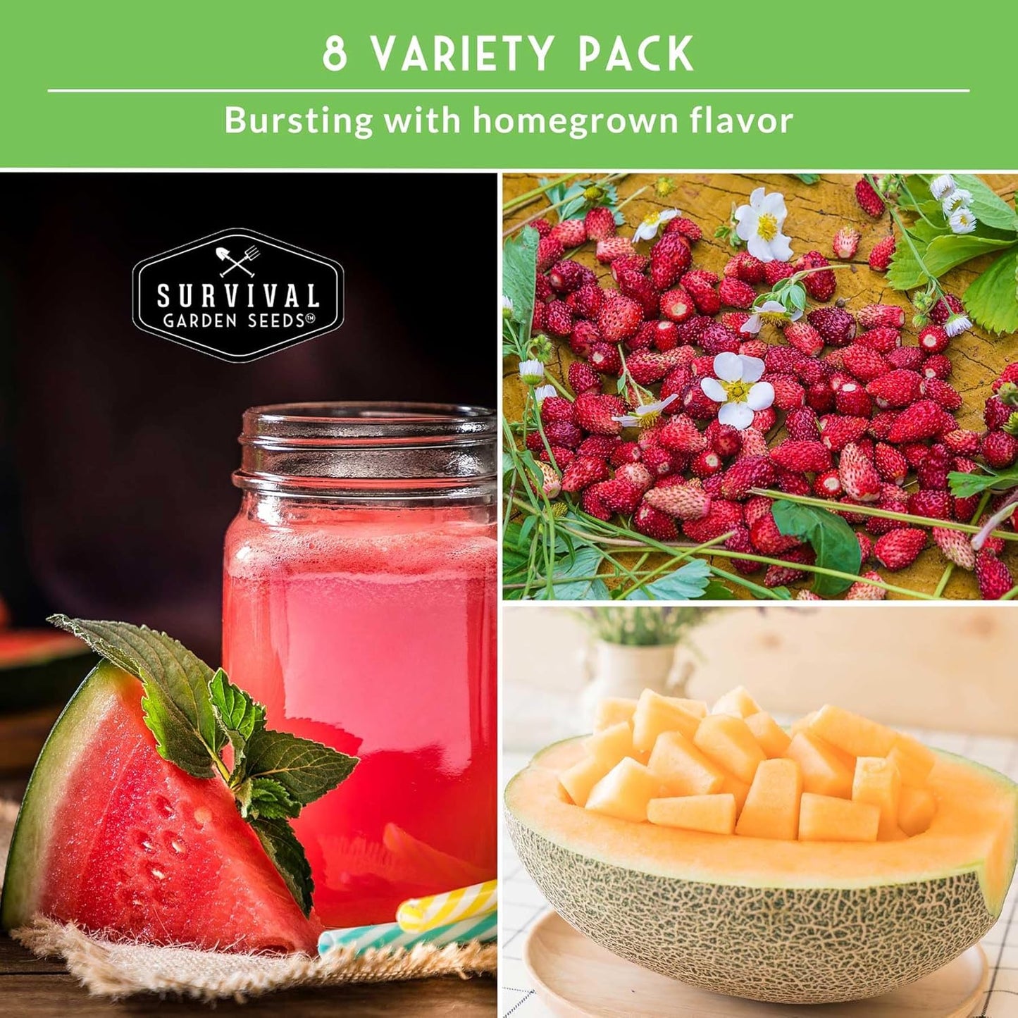 Fruit Seeds for Planting - 8 Variety Pack | Watermelon, Cantaloupe, Melon, Strawberry, Ground Cherry for Home Vegetable Gardens - Non-GMO Heirloom Fruits - Survival Garden Seeds