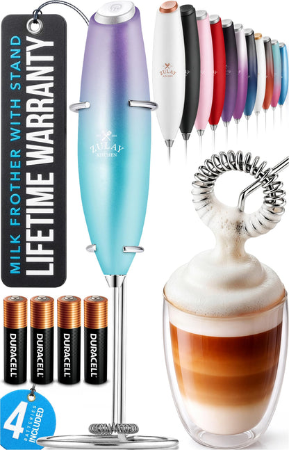 Zulay Kitchen Powerful Milk Frother Wand With 2 Duracell Batteries - Ultra Fast Handheld Drink Mixer - Electric Whisk Foam Maker for Coffee, Lattes, Cappuccino, Matcha, Hot Chocolate & Creamer - Black