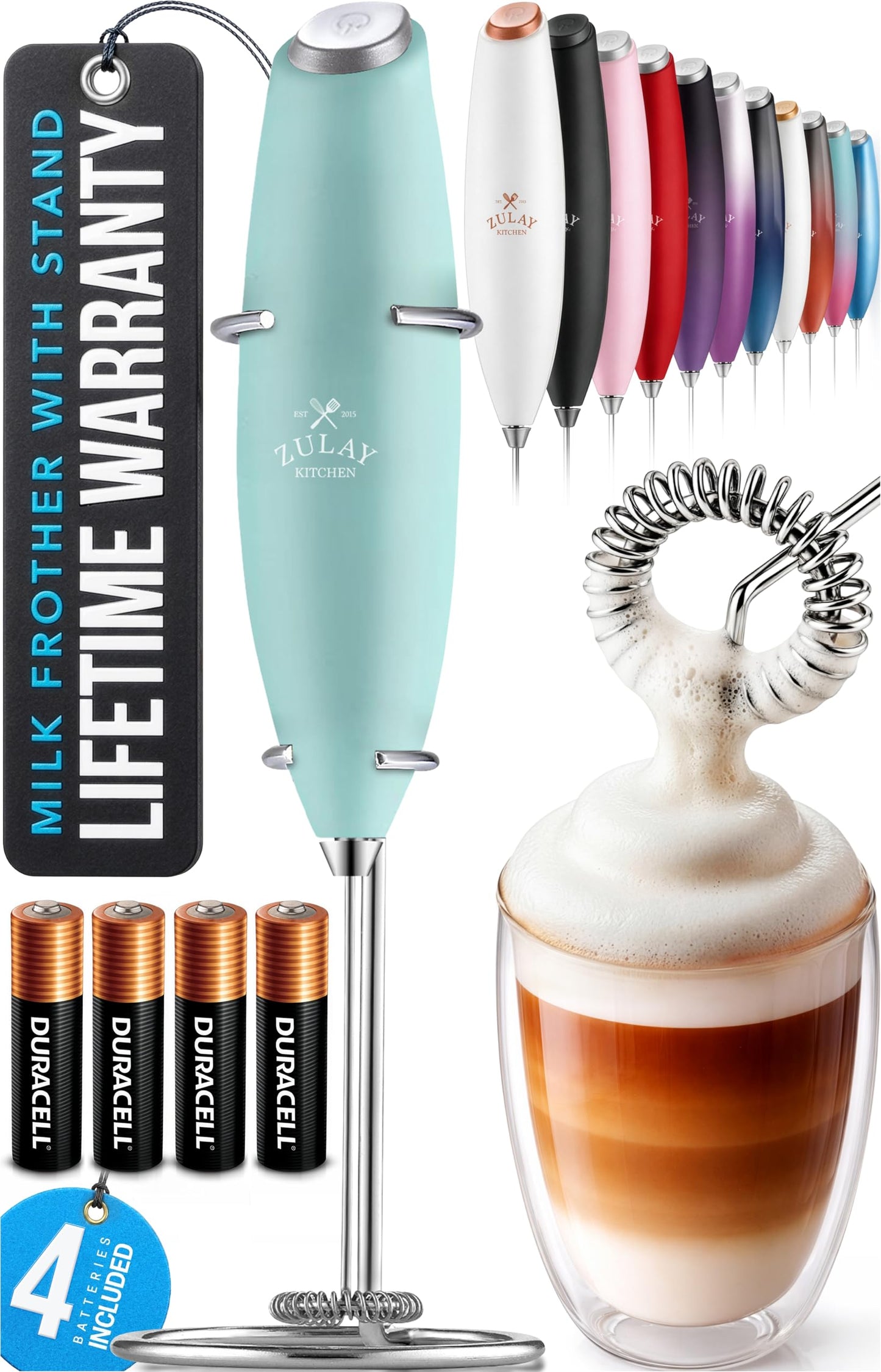 Zulay Kitchen Powerful Milk Frother Wand With 2 Duracell Batteries - Ultra Fast Handheld Drink Mixer - Electric Whisk Foam Maker for Coffee, Lattes, Cappuccino, Matcha, Hot Chocolate & Creamer - Black