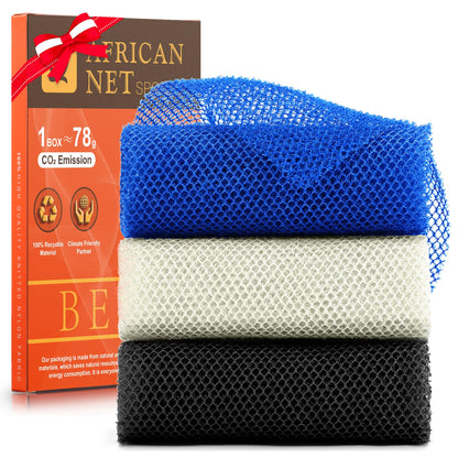 UJFQBH 3 Pieces African Bath Sponge African Net Long Net Bath Sponge Exfoliating Shower Body Scrubber Back Scrubber Skin Smoother,Great for Daily Use (Pink,Yellow,Purple)