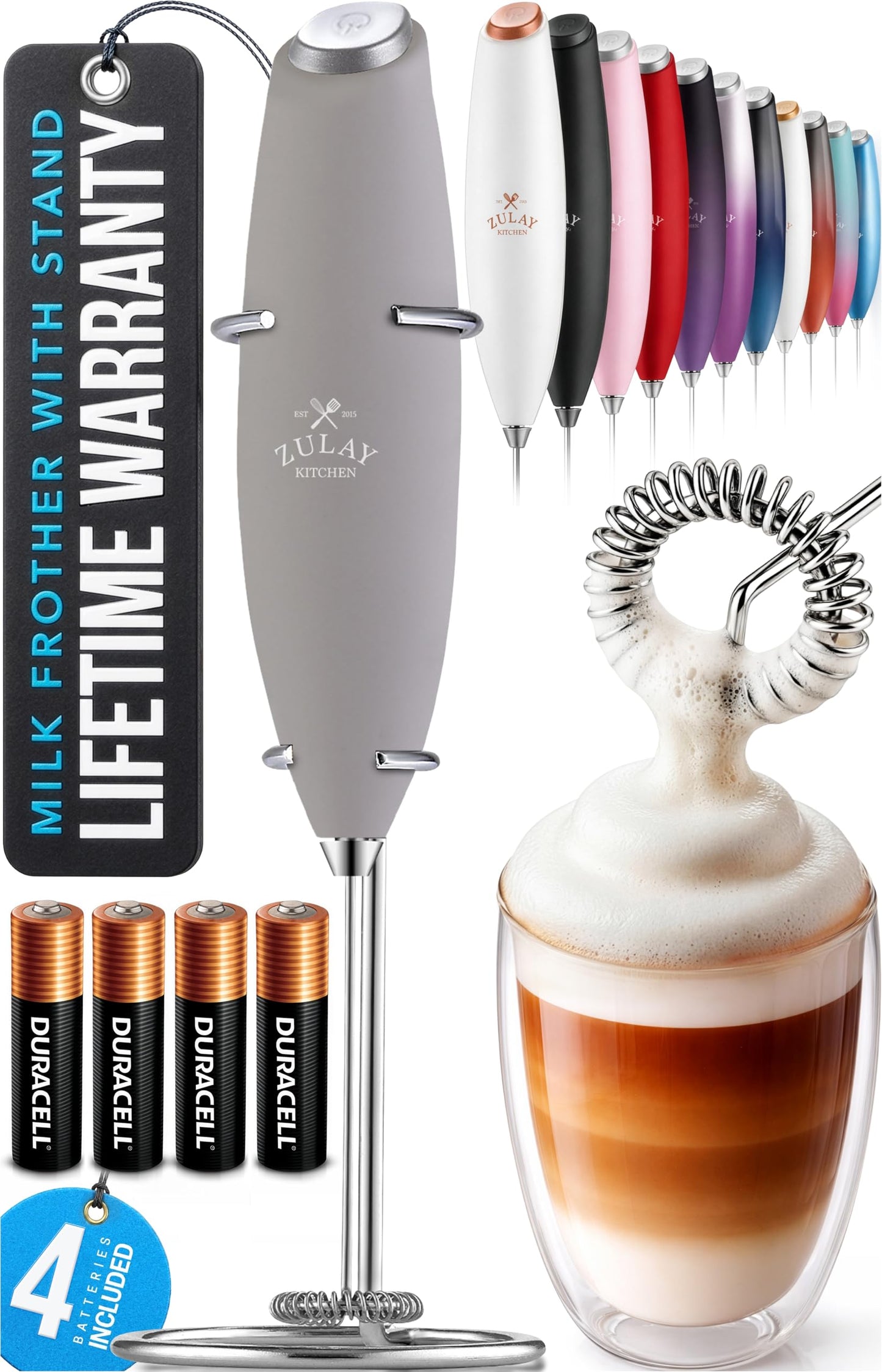 Zulay Kitchen Powerful Milk Frother Wand With 2 Duracell Batteries - Ultra Fast Handheld Drink Mixer - Electric Whisk Foam Maker for Coffee, Lattes, Cappuccino, Matcha, Hot Chocolate & Creamer - Black