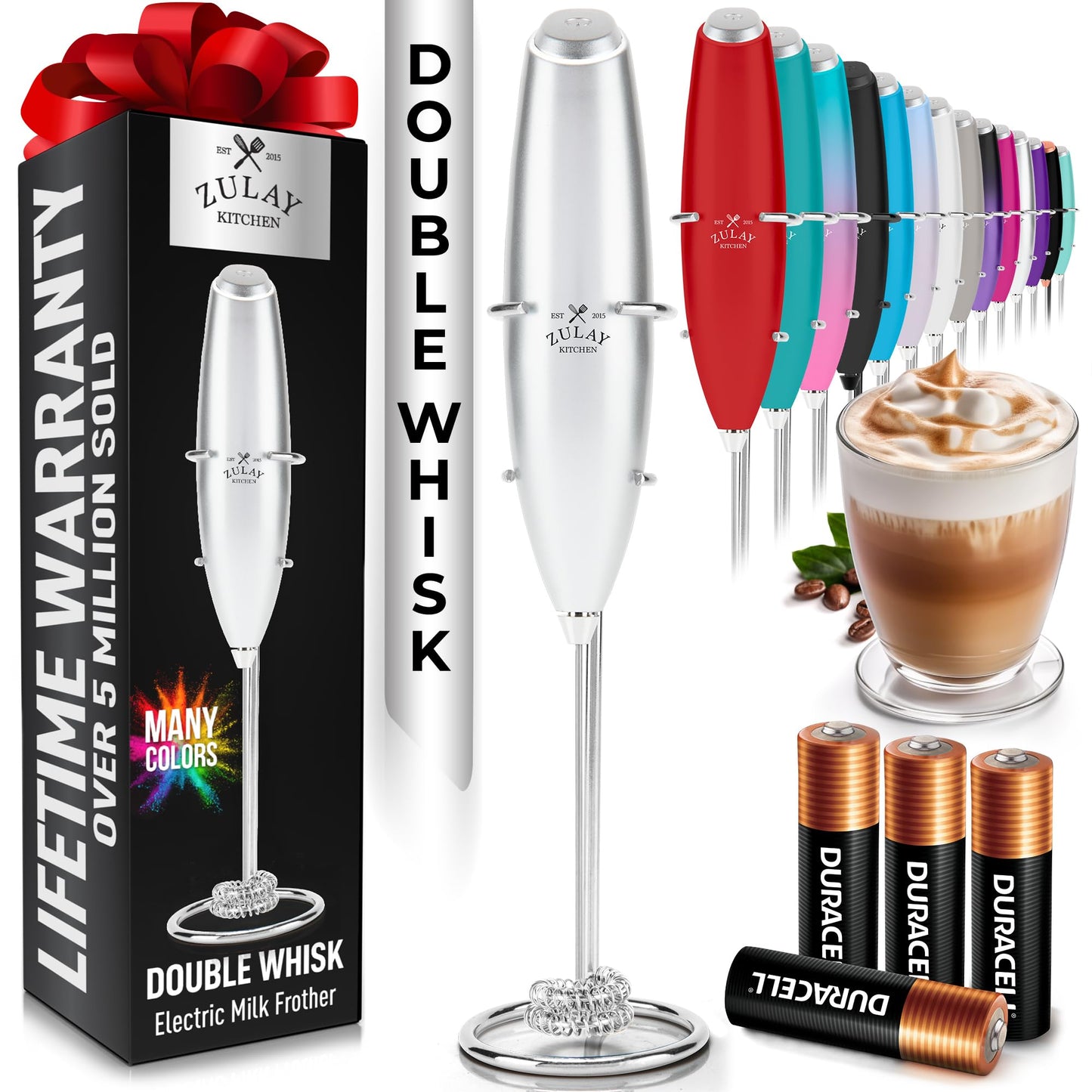 Zulay Kitchen Powerful Milk Frother Wand With 2 Duracell Batteries - Ultra Fast Handheld Drink Mixer - Electric Whisk Foam Maker for Coffee, Lattes, Cappuccino, Matcha, Hot Chocolate & Creamer - Black