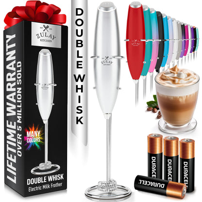 Zulay Kitchen Powerful Milk Frother Wand With 2 Duracell Batteries - Ultra Fast Handheld Drink Mixer - Electric Whisk Foam Maker for Coffee, Lattes, Cappuccino, Matcha, Hot Chocolate & Creamer - Black