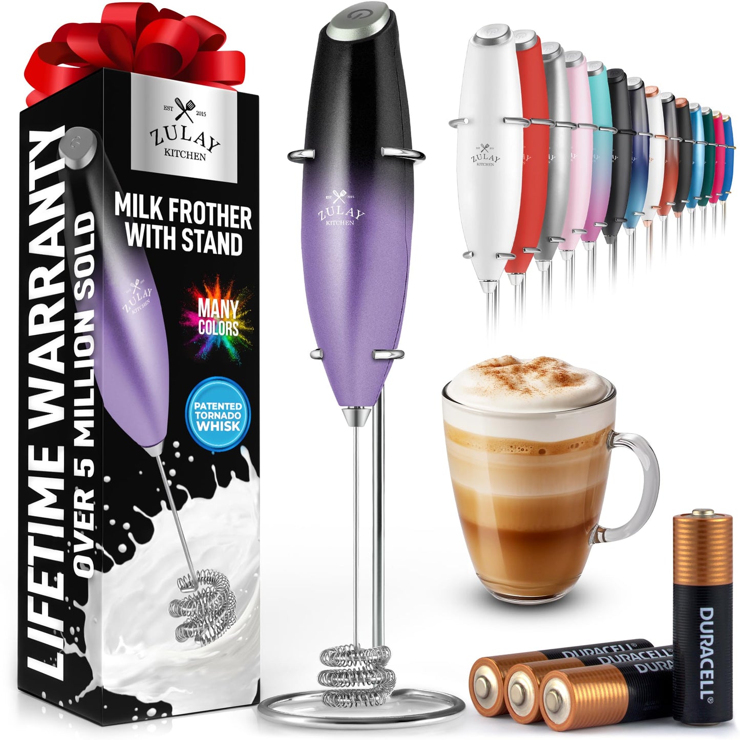 Zulay Kitchen Powerful Milk Frother Wand With 2 Duracell Batteries - Ultra Fast Handheld Drink Mixer - Electric Whisk Foam Maker for Coffee, Lattes, Cappuccino, Matcha, Hot Chocolate & Creamer - Black