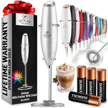 Zulay Kitchen Powerful Milk Frother Wand With 2 Duracell Batteries - Ultra Fast Handheld Drink Mixer - Electric Whisk Foam Maker for Coffee, Lattes, Cappuccino, Matcha, Hot Chocolate & Creamer - Black