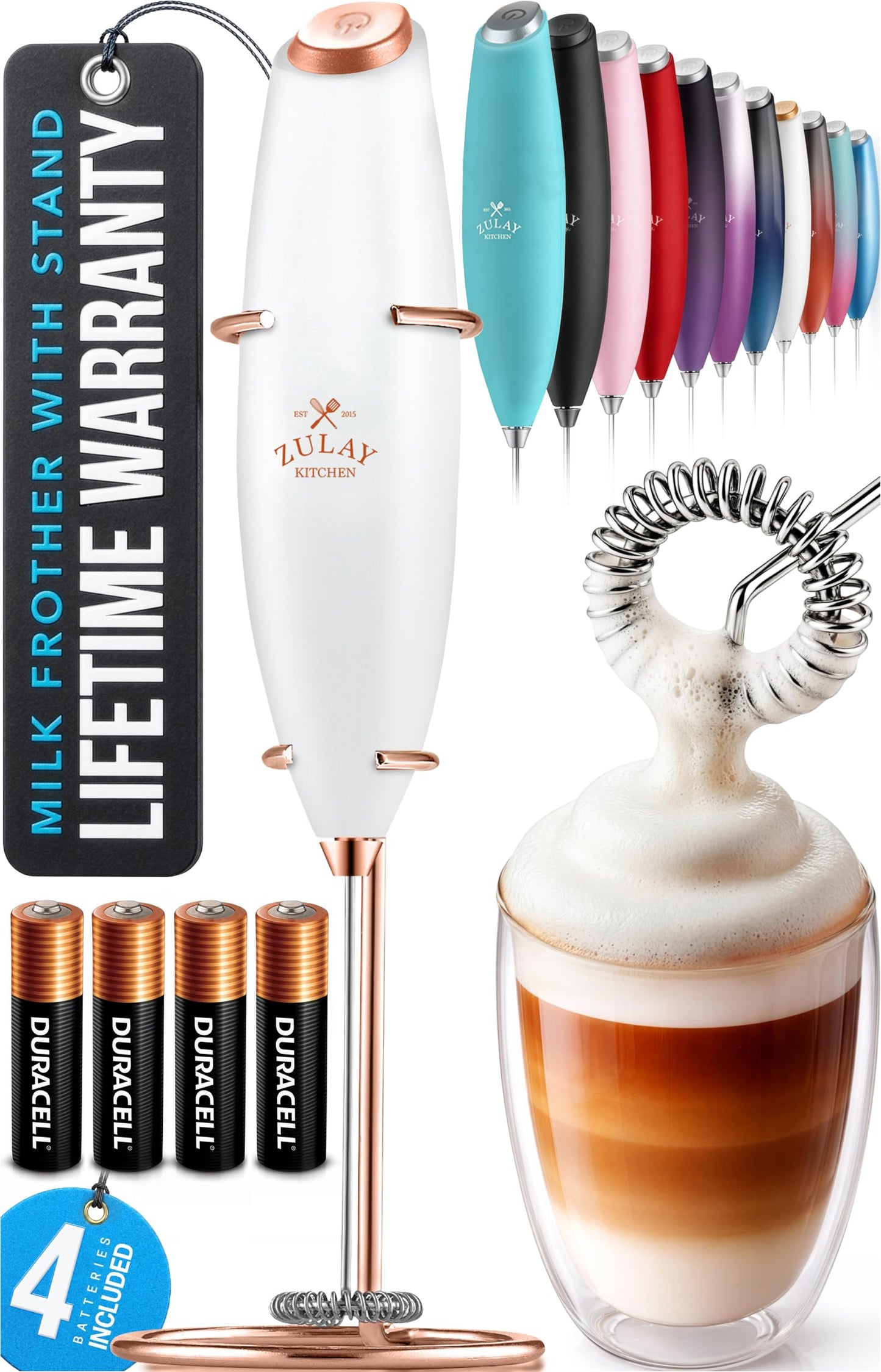 Zulay Kitchen Powerful Milk Frother Wand With 2 Duracell Batteries - Ultra Fast Handheld Drink Mixer - Electric Whisk Foam Maker for Coffee, Lattes, Cappuccino, Matcha, Hot Chocolate & Creamer - Black