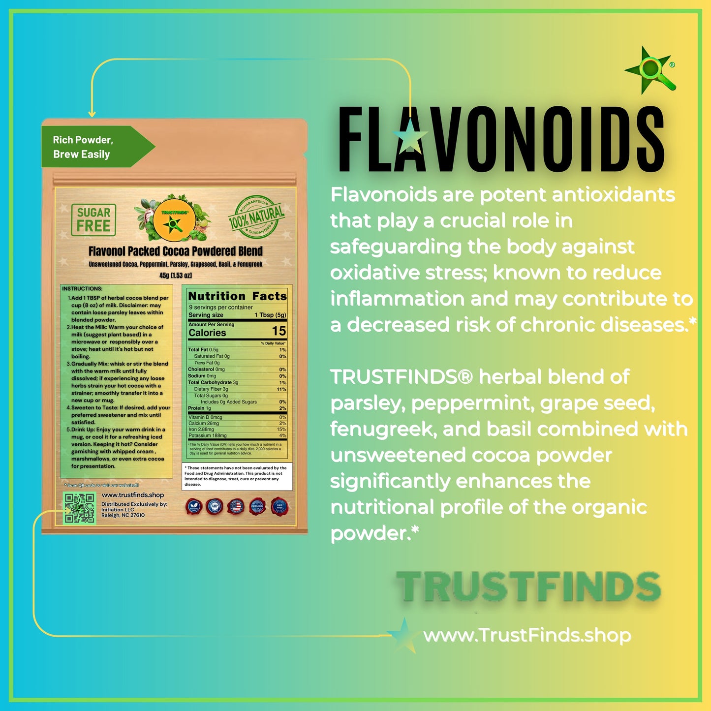 Trustfinds Flavonol Packed Cocoa Powder, Unsweetened Cocoa Powder With Rich Herbal Ingredients, Perfect for Hot Cocoa, Baking & Smoothies - Vegan, Non-GMO & Gluten-Free, 45g