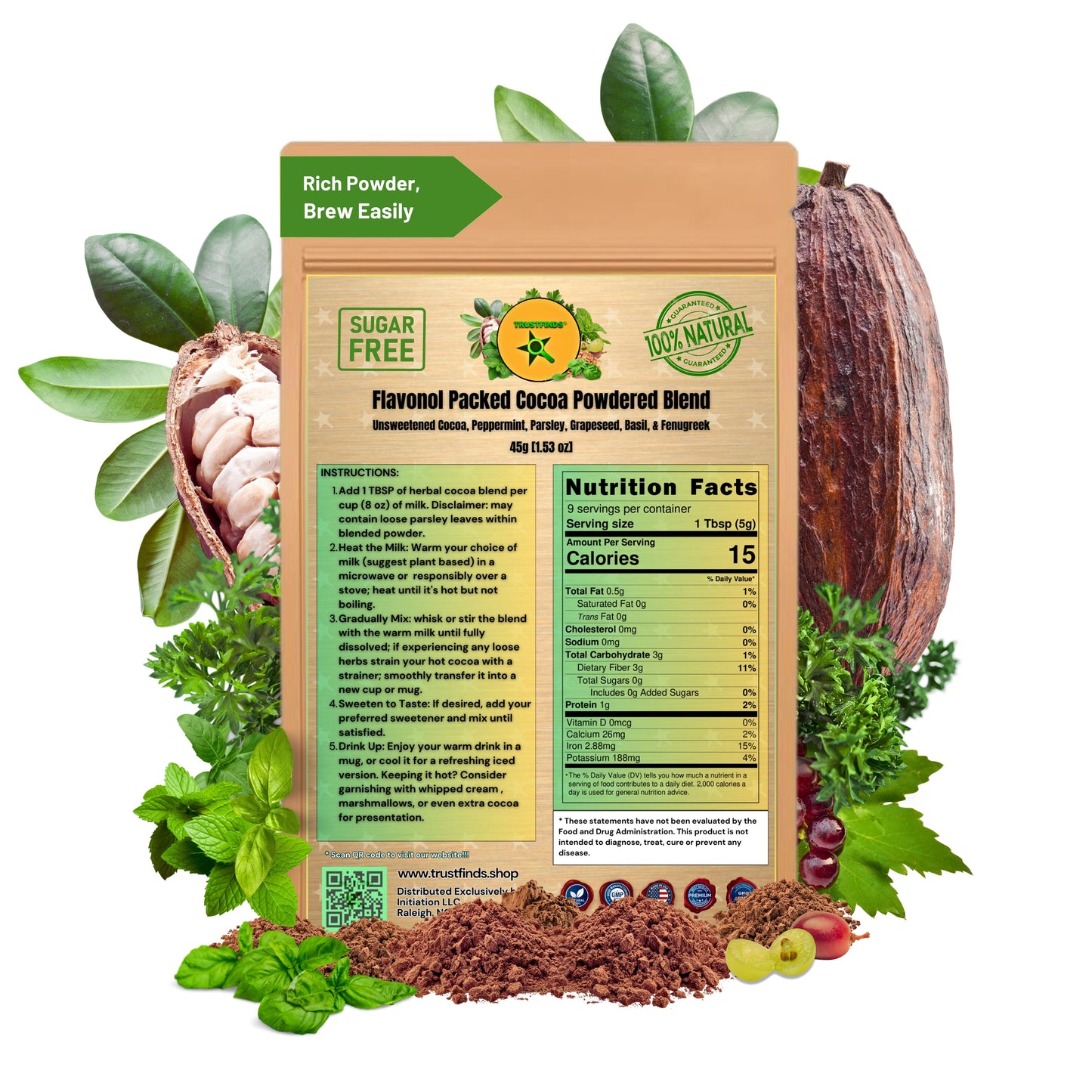 Trustfinds Flavonol Packed Cocoa Powder, Unsweetened Cocoa Powder With Rich Herbal Ingredients, Perfect for Hot Cocoa, Baking & Smoothies - Vegan, Non-GMO & Gluten-Free, 45g