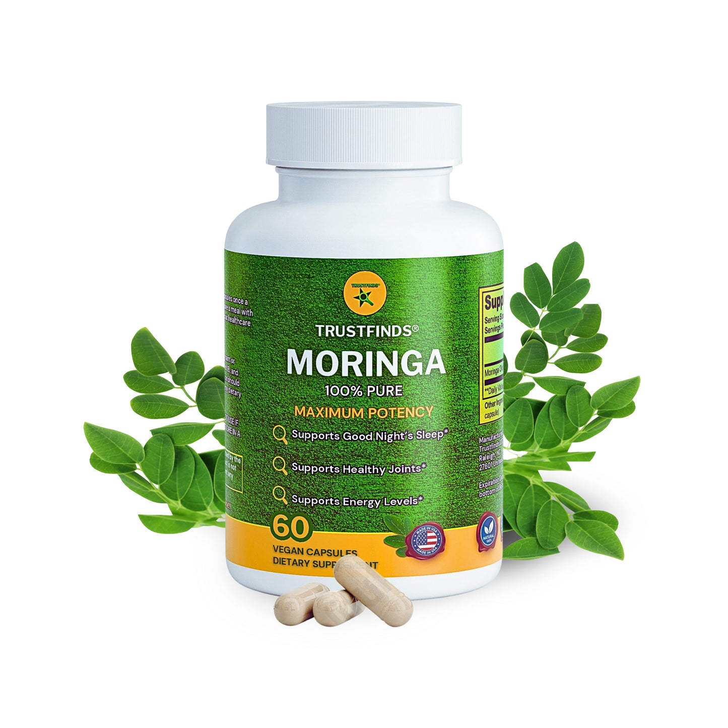 TrustFinds® Pure Moringa Powder, Energy, Skin, Immune & Gut Health Superfood, Rich in Antioxidants, Essential Vitamins & Amino Acids, Natural Green Superfood Supplement - 60 Count
